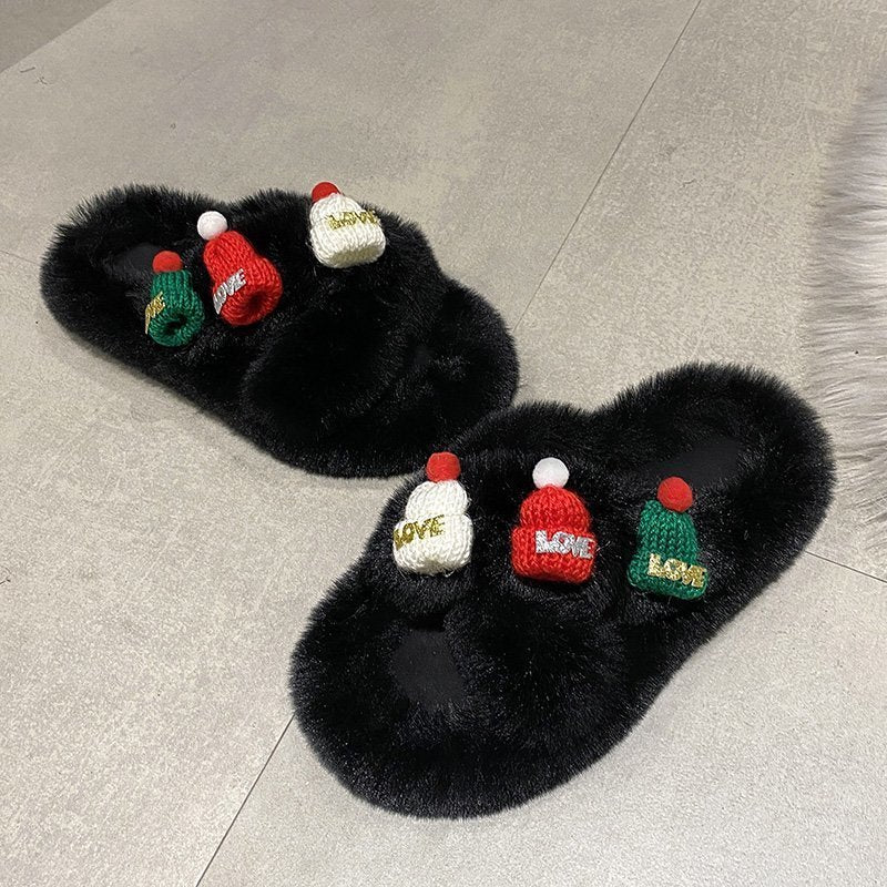 Christmas Hat Decoration Super Hairy Women's Slippers