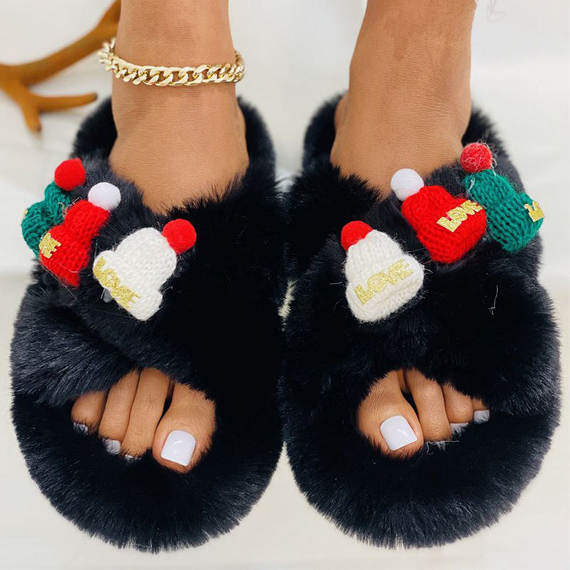 Christmas Hat Decoration Super Hairy Women's Slippers